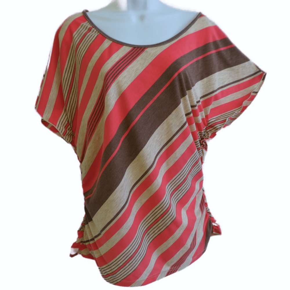 Vintage 90s JKLA California Diagonal Striped Top Ruched Side Scoop Tee Dolman L